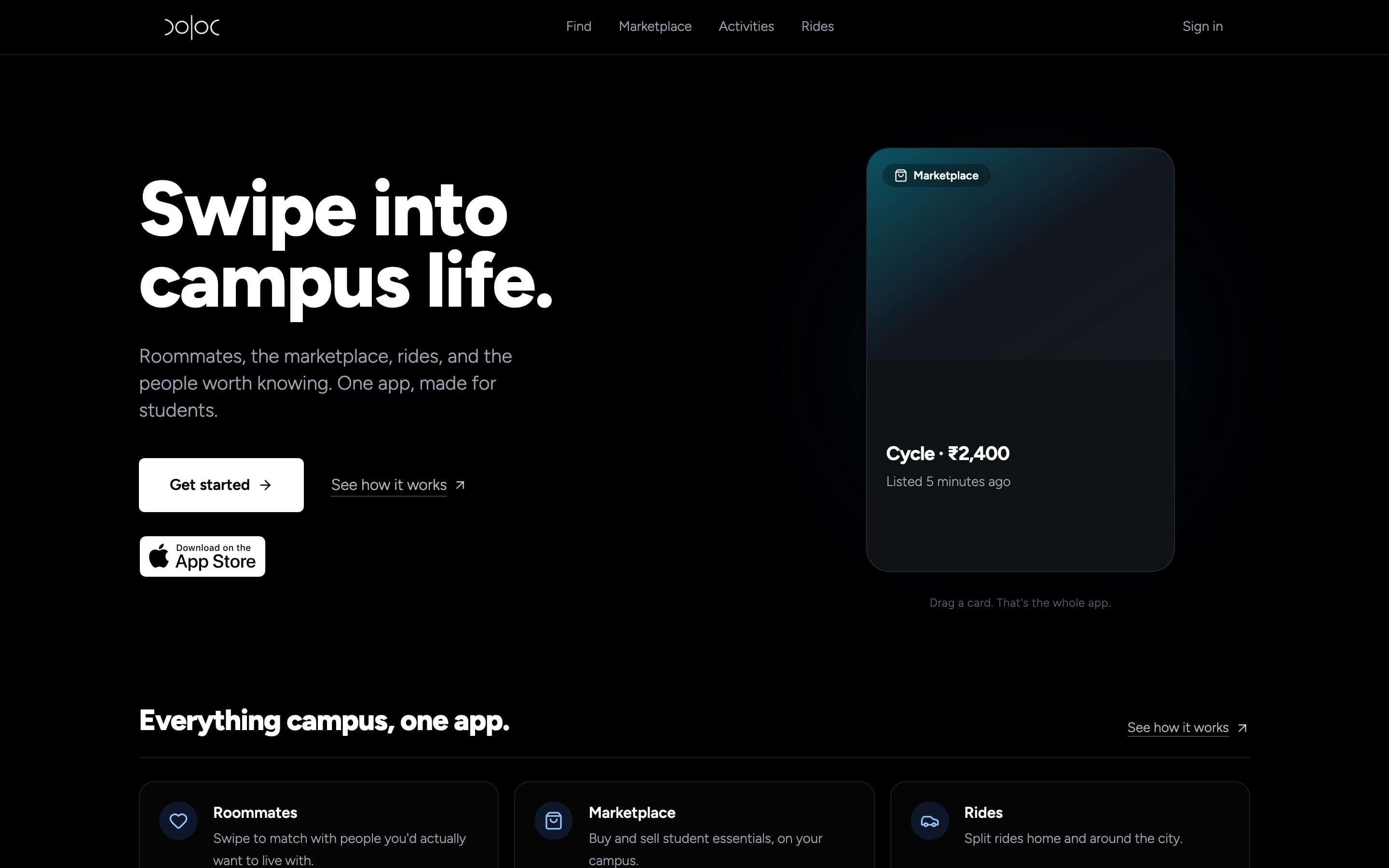 The Coloc home page: Swipe into campus life.